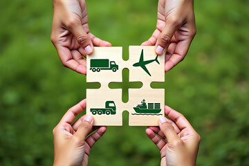 Four Hands Connecting Puzzle Pieces with Green Transportation Icons (Truck, Airplane, Ship) Against a Blurred Green Background, Representing Integrated and Sustainable Logistics.