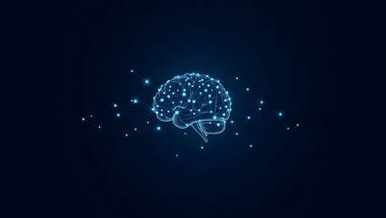 Glowing Blue Digital Illustration of a Human Brain on a Dark Background with Scattered White Dots, Representing Intelligence, Neuroscience, and Technology.