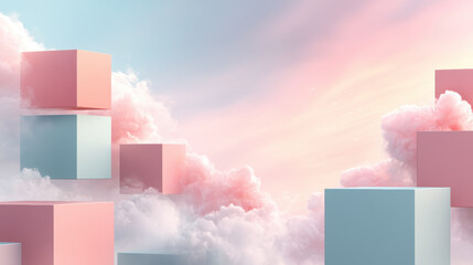 Dreamy pastel sky with floating geometric shapes creates serene and surreal atmosphere. soft pink and blue hues blend seamlessly with fluffy clouds, evoking sense of tranquility