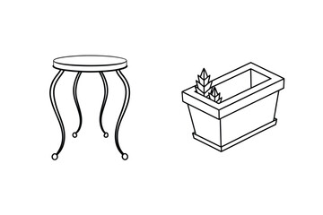 Minimalist Line Art Stool And Flower Pot Illustration On White Background