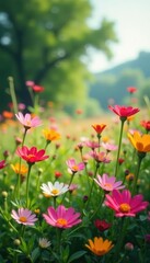 Fototapeta premium Wildflower profusion, gentle breeze sways petals , day, photo