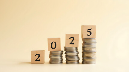 Financial Growth in 2025 Represented by Increasing Stacks of Coins Under Wooden Blocks Spelling Out the Year.
