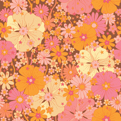 Fototapeta premium Artistic floral background. Decorative fabric and surface pattern design with hand drawn simple flowers. Nostalgic vintage groovy allover print. Retro style vector seamless pattern.
