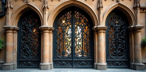 Obraz premium Intricate gothic iron gate, pointed arches, floral motifs, exterior, design, arch