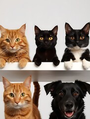 Adorable cat and dog trio posing together with curiosity. A fluffy ginger cat, a sleek black cat, and a playful dog are shown in a cute, harmonious display of friendship and pet companionship.

