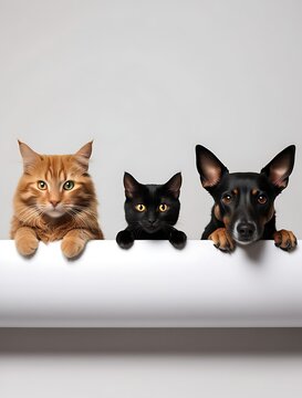 Adorable cat and dog trio posing together with curiosity. A fluffy ginger cat, a sleek black cat, and a playful dog are shown in a cute, harmonious display of friendship and pet companionship.

