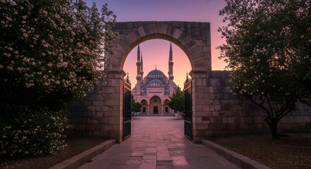 Fototapeta premium Serene Sunrise at the Majestic Al-Fateh Grand Mosque in Manama, Bahrain: A Breathtaking View Through an Ancient Archway