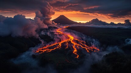 Fototapeta premium Molten lava flows from a volcano at sunset