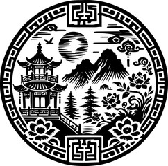 sketch vector illustration silhouette design painting decoration landscape nature cultural and religion temple classic vintage ethnic traditional chinese