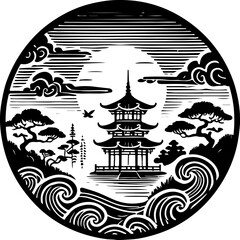 sketch vector illustration silhouette design painting decoration landscape nature cultural and religion temple classic vintage ethnic traditional chinese