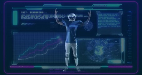 football player raising arms in technology demo, showcasing holographic grid panel and data graphs - Powered by Adobe