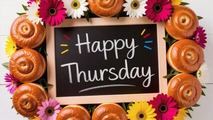 Happy Thursday Written on Chalkboard Surrounded by Buns and Flowers