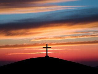 Peaceful image of a cross at sunset with colorful clouds, representing belief, resurrection, worship, and divine beauty, perfect for church graphics and spiritual inspiration


