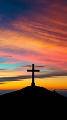 Inspirational silhouette of a Christian cross against a vibrant sunset sky, symbolizing faith, hope, spirituality, and devotion, ideal for religious and inspirational themes

