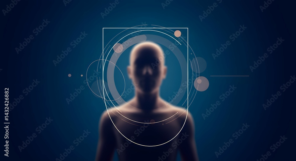 Poster abstract futuristic concept humanoid figure with digital interface overlay, representing technologic