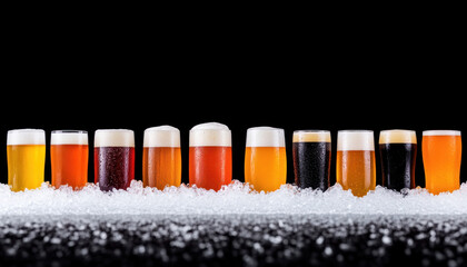 variety of beer glasses filled with golden lager, amber ale, and dark stout, arranged on ice, showcasing different colors and textures, creating refreshing and inviting atmosphere