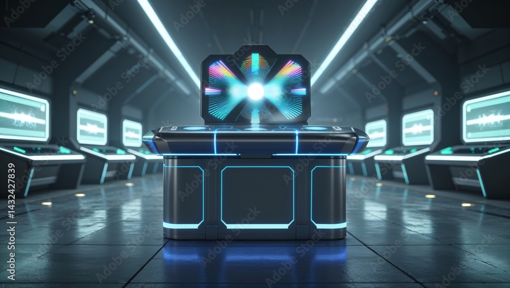 Poster futuristic command center with glowing displays and advanced technology in a cyberpunk scene