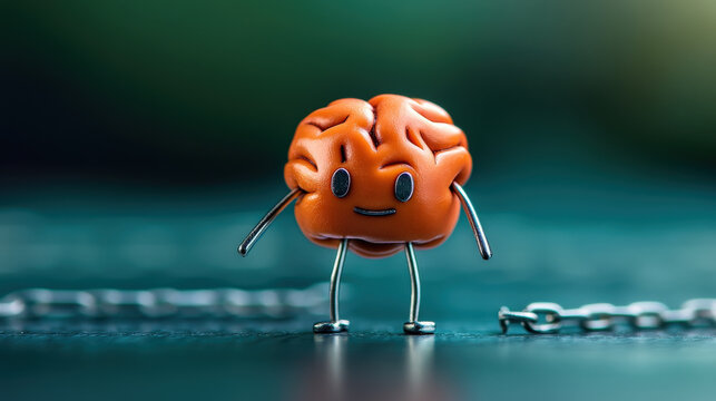 cute, smiling brain character with wire arms and legs stands on surface, surrounded by chains, creating whimsical and surreal scene