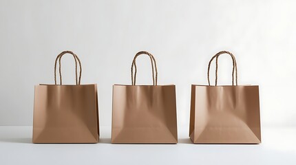 Simple eco-friendly paper shopping bags with sturdy handles, ideal for branding, retail packaging, and sustainable gift wrapping in a clean minimalist environment



