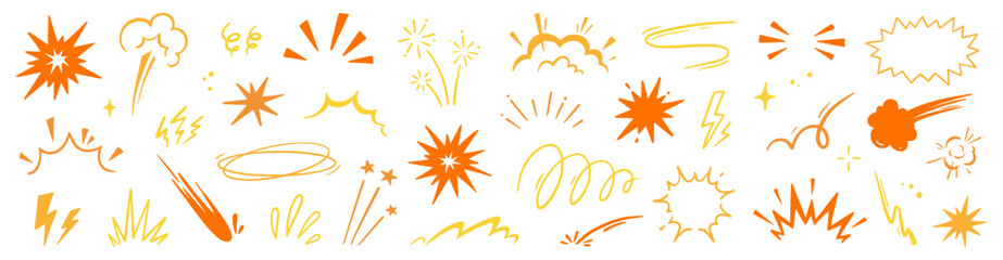 Line speed cartoon effect, boom explosive motion line element set. Comic boom burst, explosive smoke, line speed cartoon vector icon. Hand drawn sketch doodle action effect. Vector illustration © Polina Tomtosova