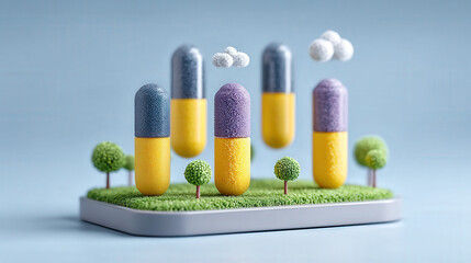 Colorful capsules resembling trees and clouds on grassy platform create surreal landscape, blending nature with pharmaceutical elements in whimsical, imaginative scene