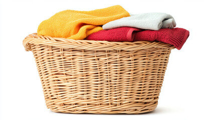 Obraz premium wicker laundry basket filled with colorful towels, including yellow, red, and gray, creates cheerful and organized atmosphere for laundry tasks