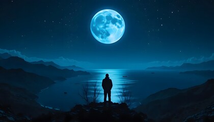 Solitary figure contemplates a luminous night sky