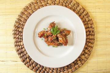 A plate of roast chicken. Delicious restaurant cuisine