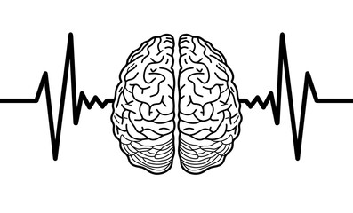 illustration of a human brain with an electrocardiogram waveform, symbolizing brain activity, neurology,  mental health, an electrocardiogram, human brain, anatomy biology