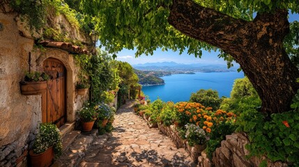Picturesque Coastal Pathway.  A charming stone pathway winds through a hillside village, overlooking a tranquil blue bay. 
