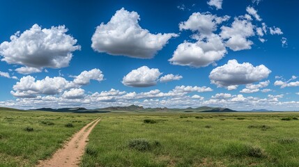 Fototapeta premium Serene green grassland under blue sky with fluffy clouds wide angle landscape photography