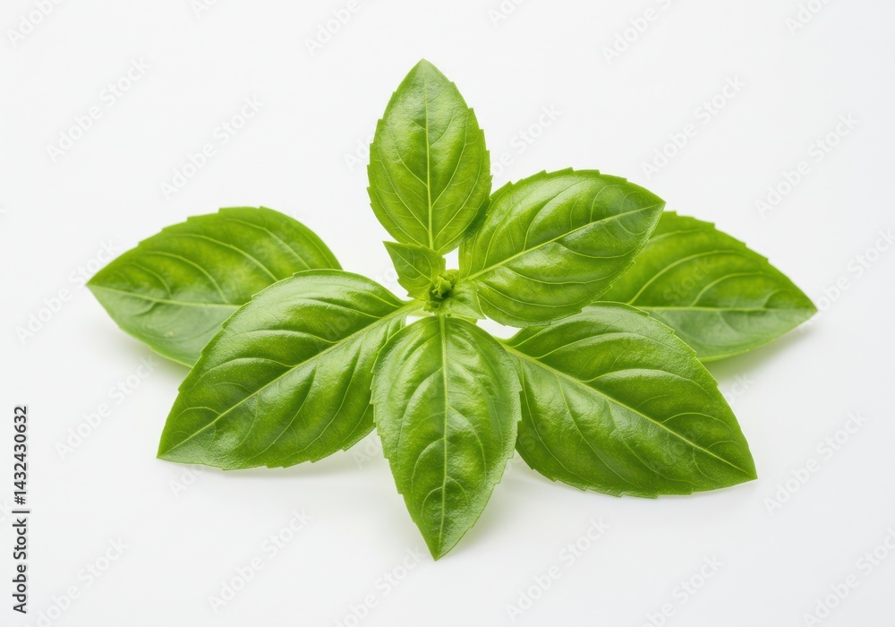 Poster a close up shot of fresh basil leaves arranged on a plain white background in a studio setting view