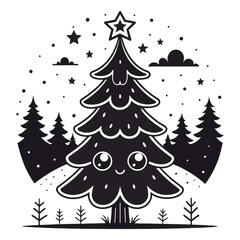 Obraz premium Cute Christmas Tree in Snowy Forest Silhouette