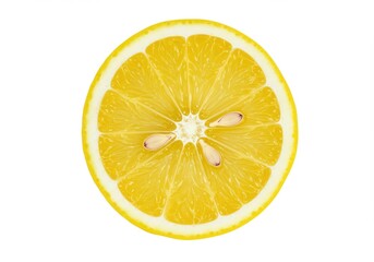 A close up view of a lemon slice showing the seeds and the yellow flesh on a white background surface