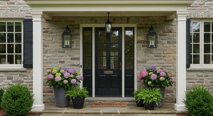 Elegant Home Entrance with Hydrangea Planters and Stone Facade; Summer House Exterior with Black Door and Lush Greenery