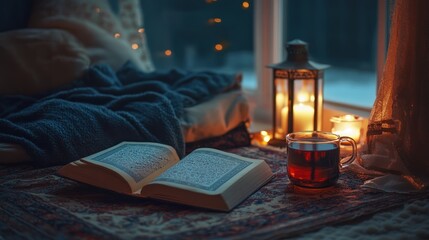 Open Book with Tea and Lantern Near Window