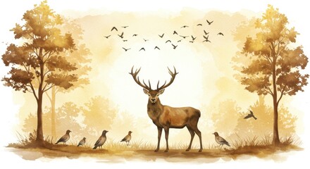 Watercolor painting of a majestic red deer stag and birds in a warm autumn forest scene.