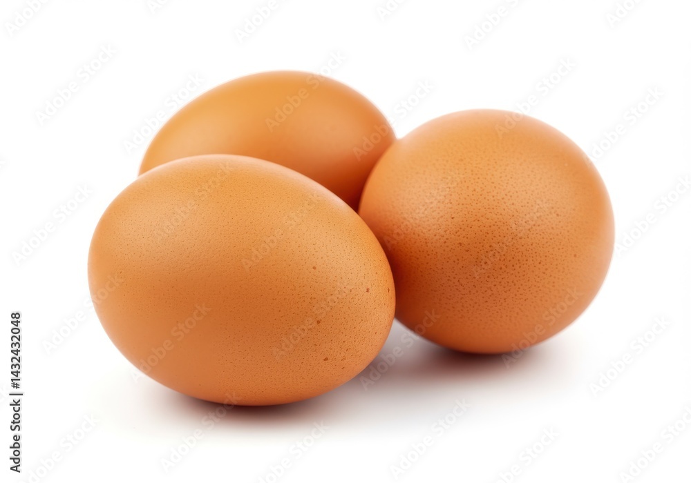Poster three brown eggs clustered together on a plain white background in a studio setting close up view