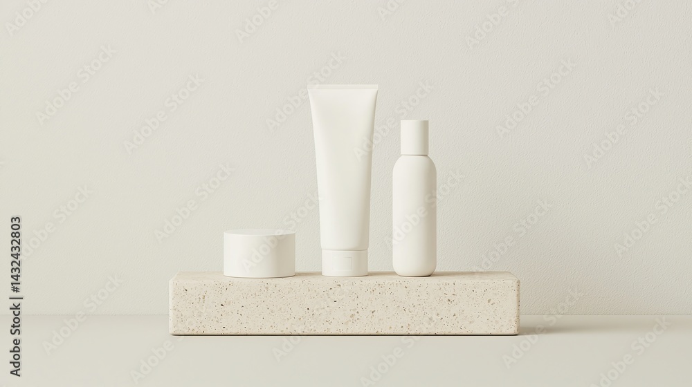 Poster a minimalistic display of white skincare products arranged on a textured block, emphasizing simplici
