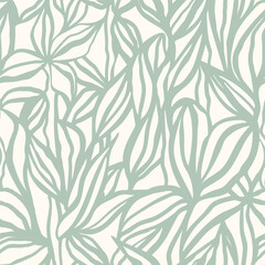 Surface pattern design with hand drawn simple leaves and foliage. Artistic botanical background. Linear vector seamless pattern. Nostalgic vintage allover print.
