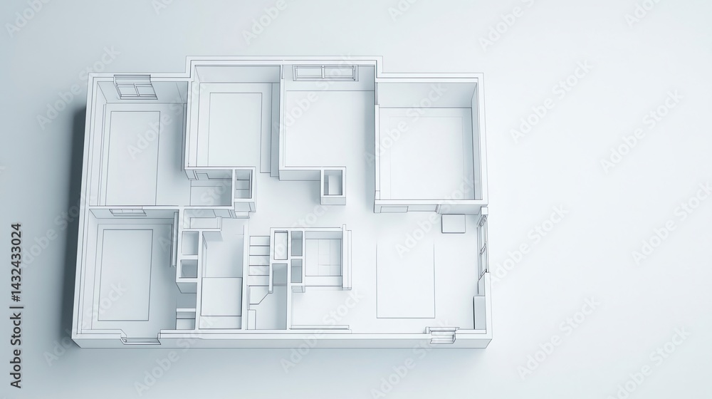 Poster a minimalistic 3d floor plan showcasing the layout of a modern home with various rooms and spaces.