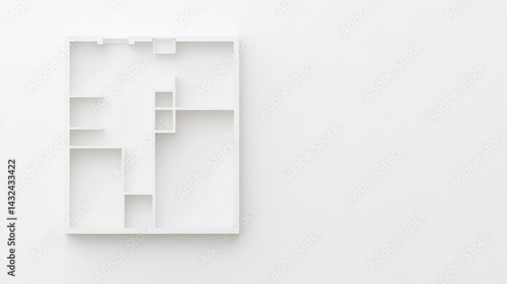 Poster a minimalist architectural model featuring geometric shapes and empty spaces, set against a plain wh