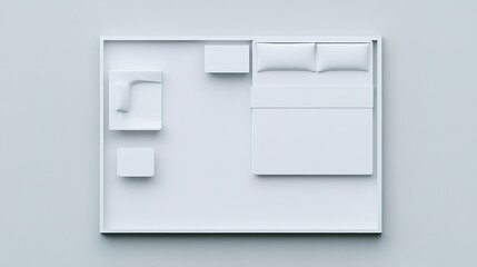 A minimalist bedroom layout featuring a bed, bedside table, and desk, all rendered in a clean, monochromatic style on a light background.