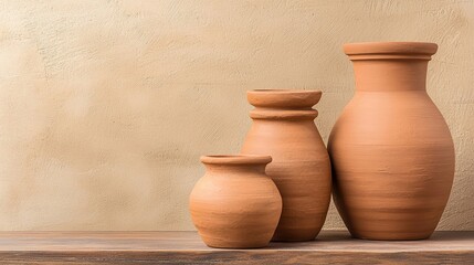 Three rustic clay pots of varying sizes sit on a wooden surface against a textured beige background, showcasing simplicity and earthy elegance.