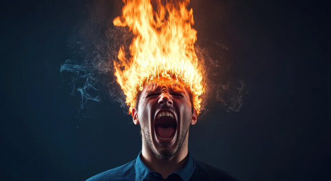 Angry man with flames on his head expresses intense emotion, showcasing dramatic scene filled with fire and smoke. contrast of light and dark enhances visual impact