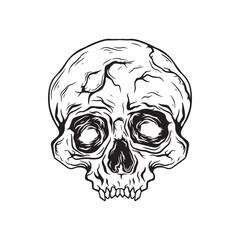 illustration art black and white hand drawn crack skull head tatoo and t-shirt design