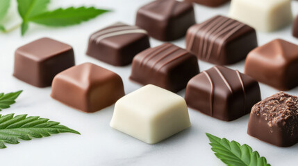 Assorted cannabis infused chocolates arranged marble surface, showcasing variety of colors and textures. chocolates are complemented by green cannabis leaves, creating inviting and indulgent