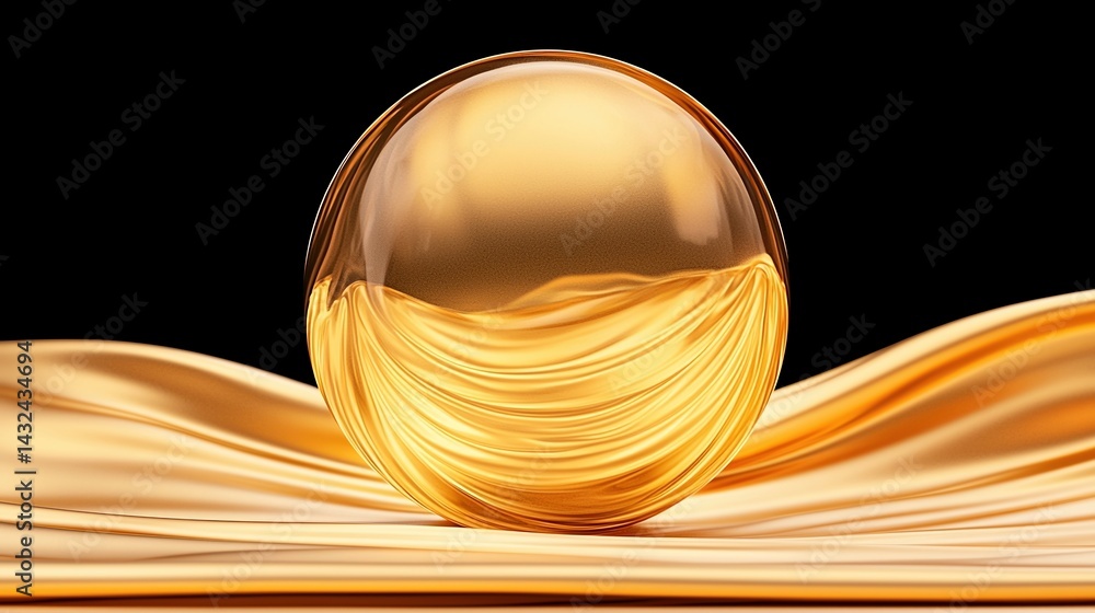 Poster a shiny golden sphere rests on flowing golden waves, creating a luxurious and modern visual atmosphe