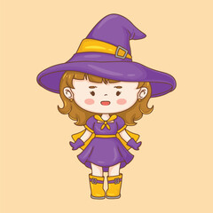 illustyration art cute girl wering witch costume for halloween sticker and t-shirt design