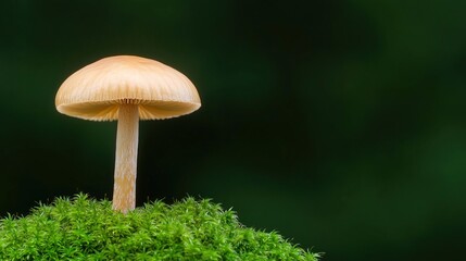 A delicate mushroom stands atop a lush green moss, creating a serene and natural scene against a blurred dark background.